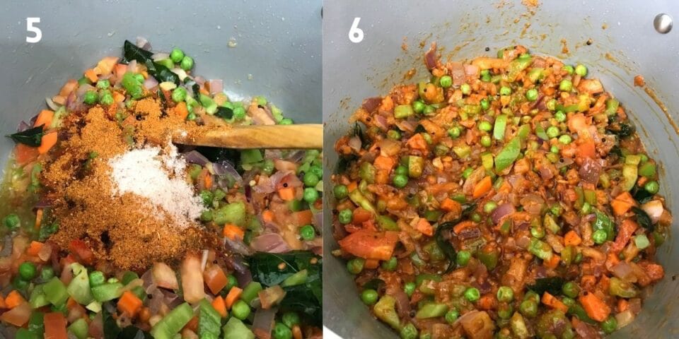 A pot is with spices and vegetables over the medium heat