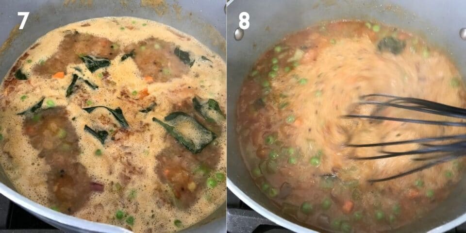 A non stick pot is with rava and vegetables for khara bath recipe