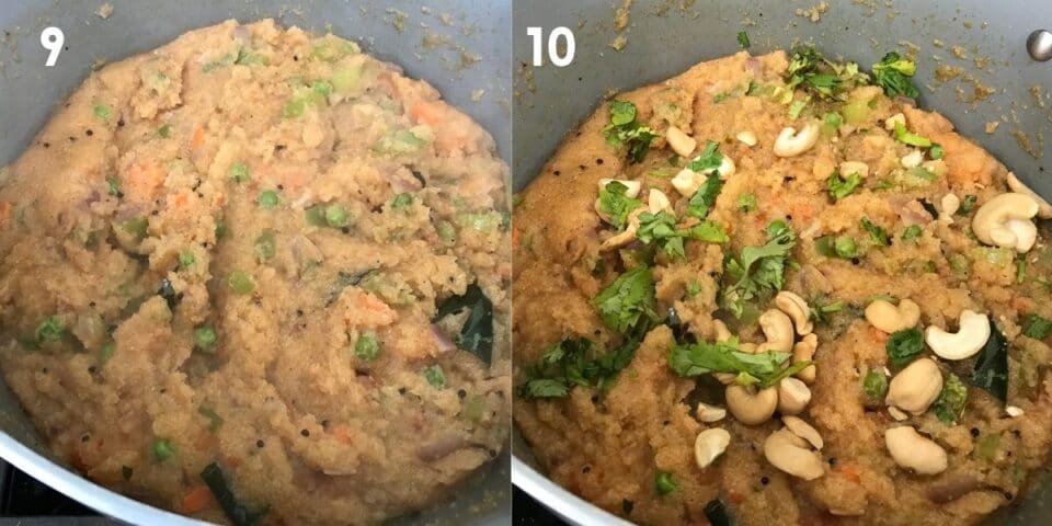 A pot is filled with rava bath and topped with cashew nuts and cilantro