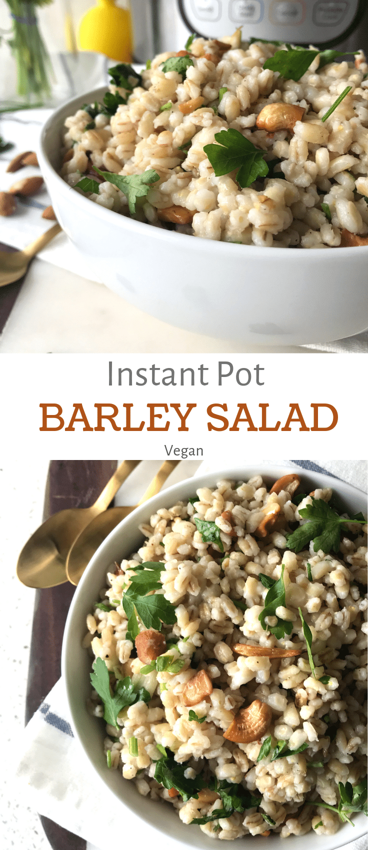 A bowl of barley salad placed on the white table and topped with nuts