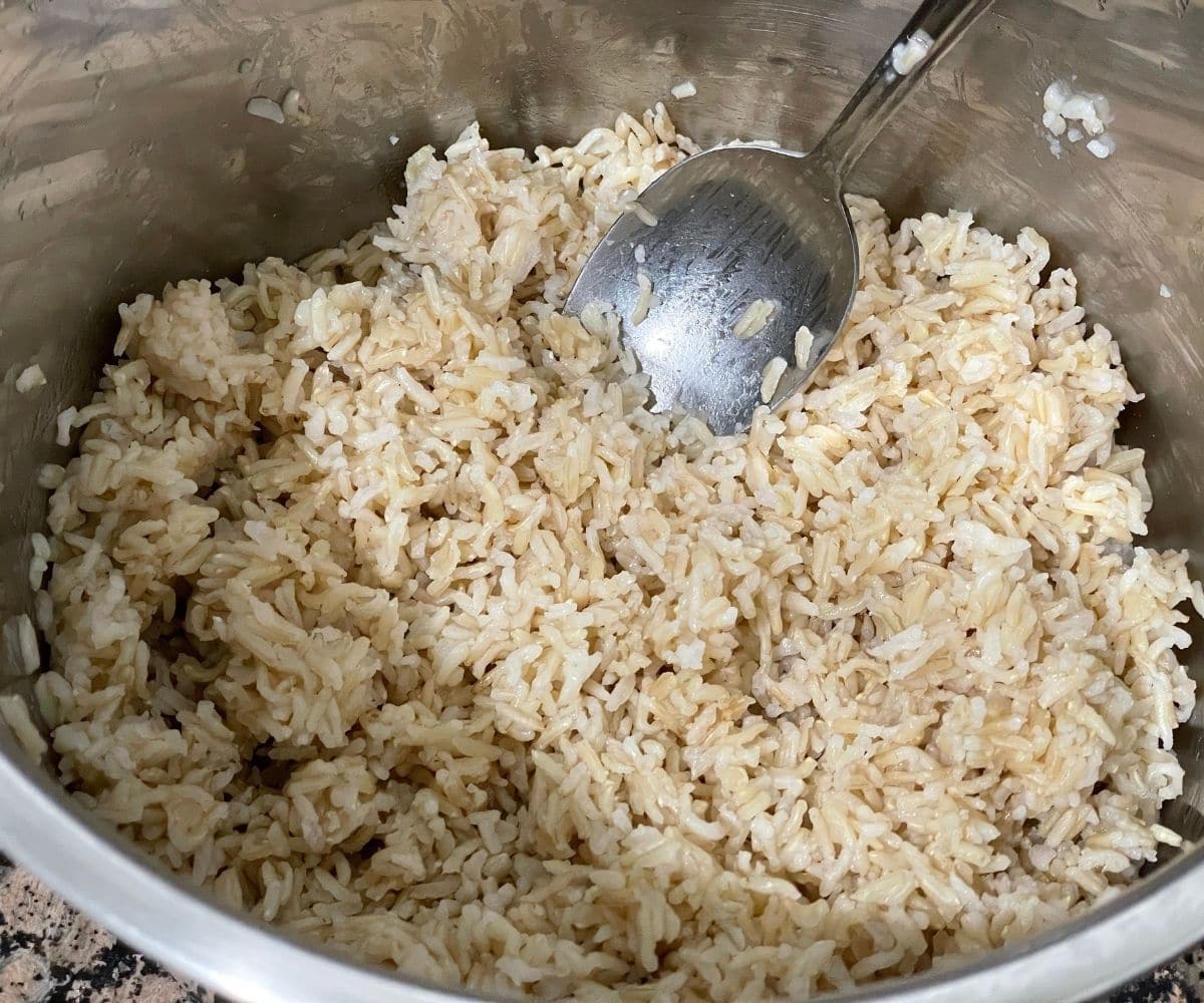 An instant pot is with brown rice.
