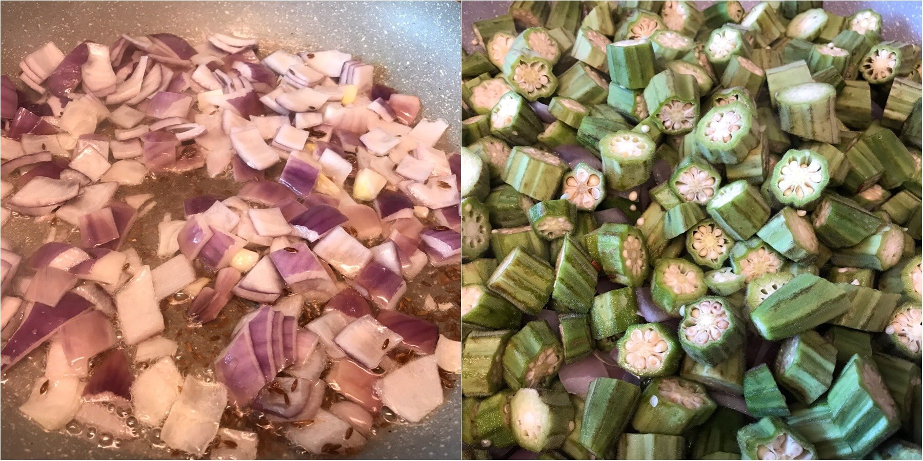 A bunch of food on a tray, with Okra and Spice