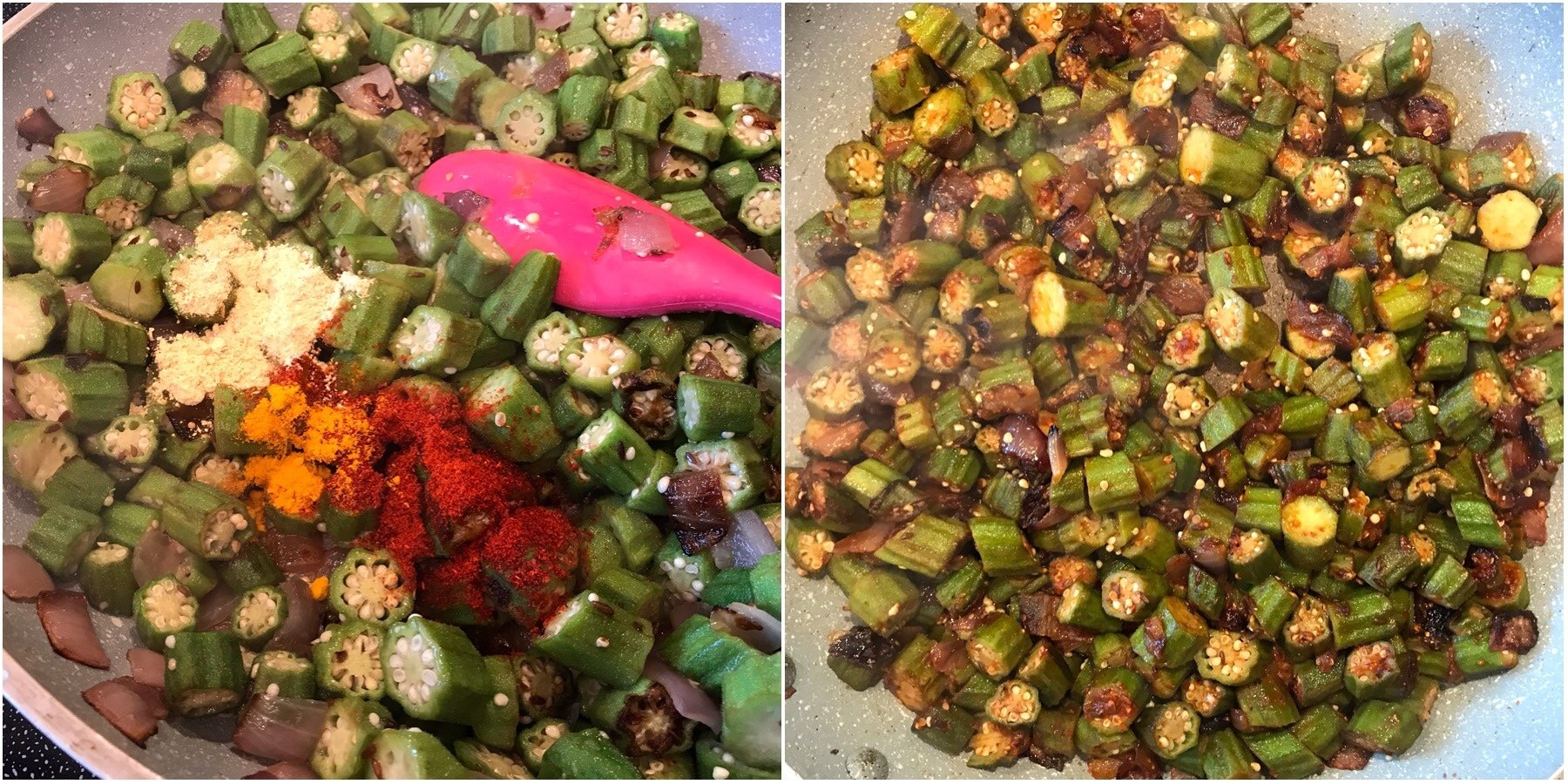 A bunch of different types of food, with Okra and Rice