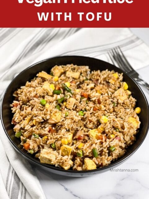 A plate is with brown fried rice with tofu.