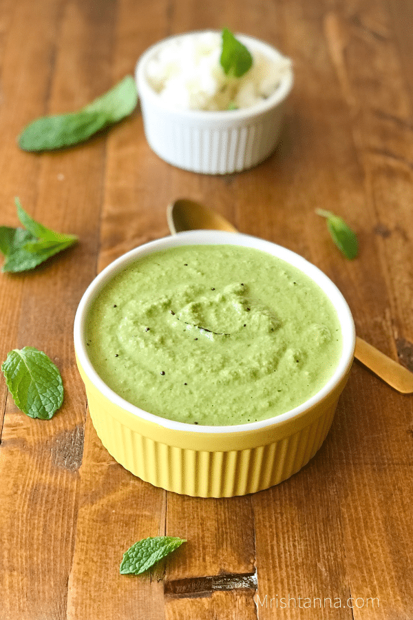 A bowl of food on a table, with Chutney and Mint