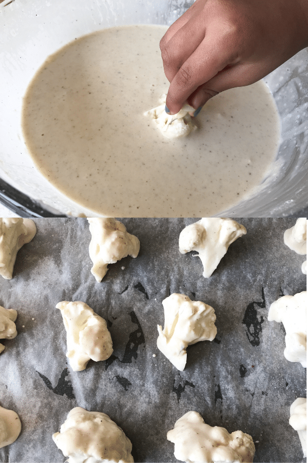 A kid is dipping the cauliflower in the batter