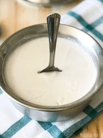 a steel bowl is with coconut milk yogurt.