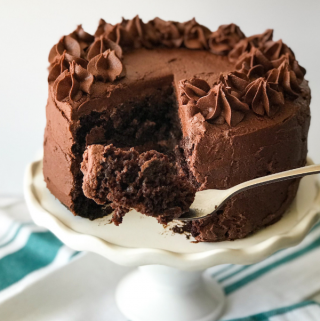 A close up of a piece of chocolate cake