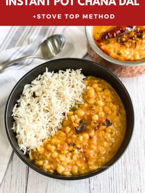 A bowl is with rice and chana dal on the table.