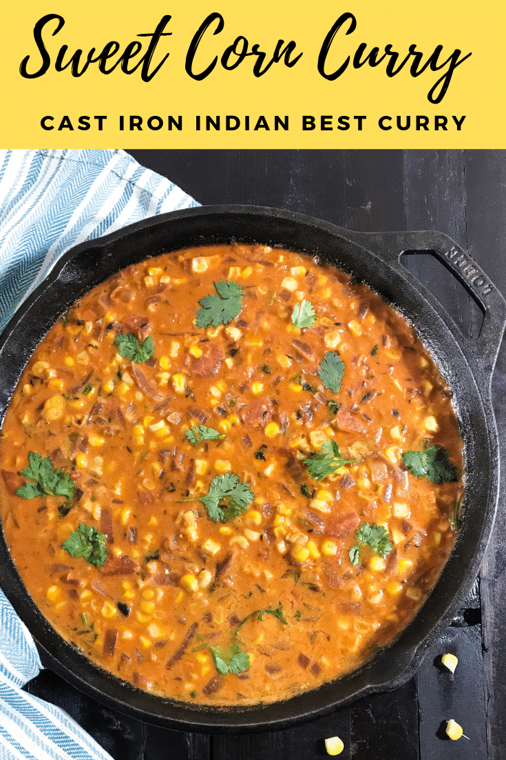 A cast-iron pan filled with sweet corn curry