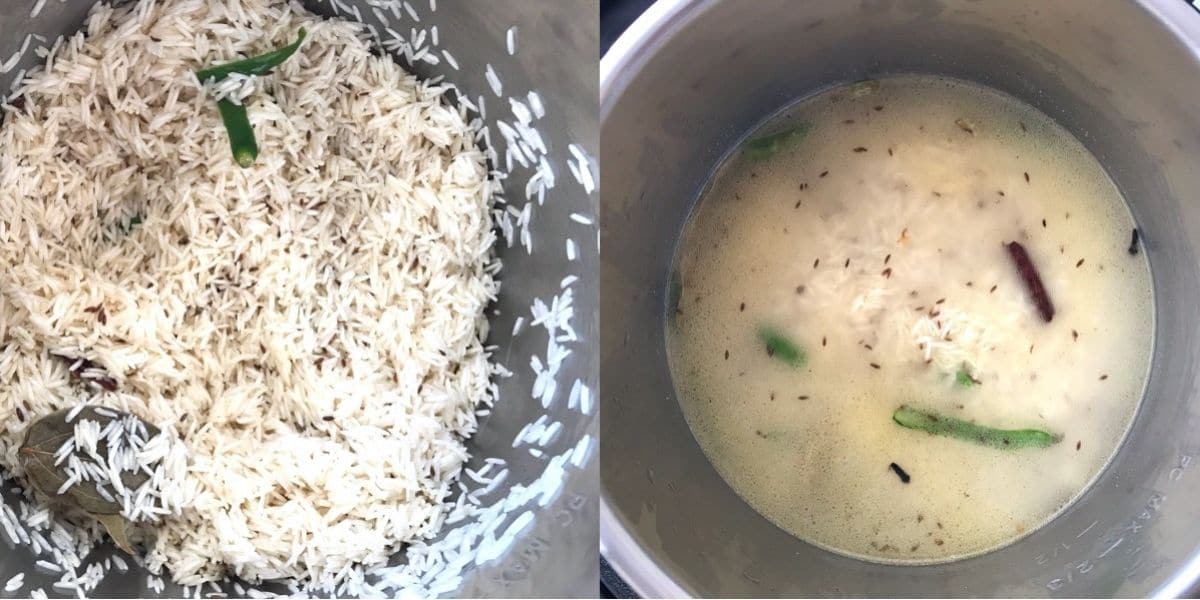 A pot is filled with basmati rice and water