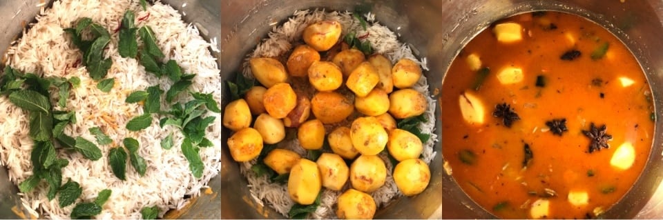 A pan filled with food, with Biryani and Potato