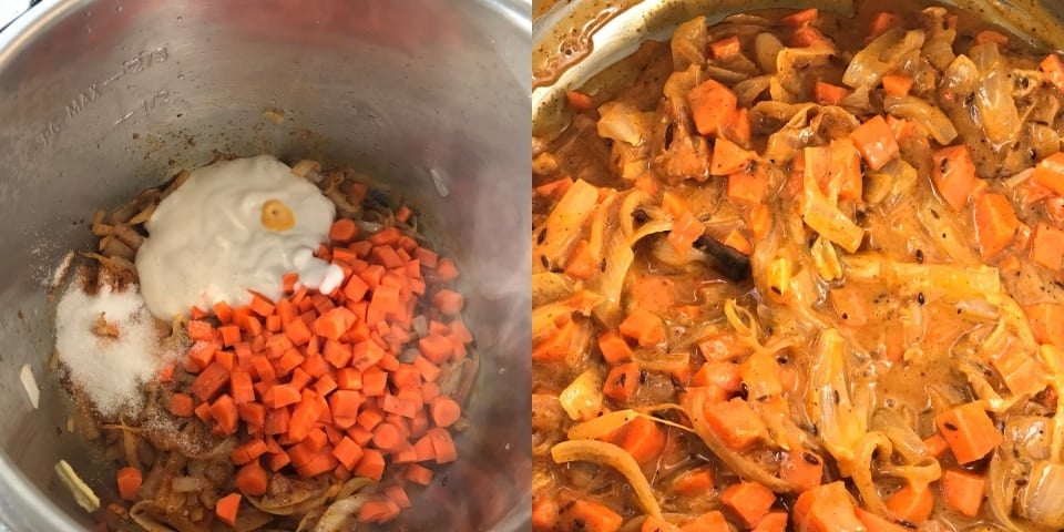 A pan filled with vegetables, with Biryani and Potato