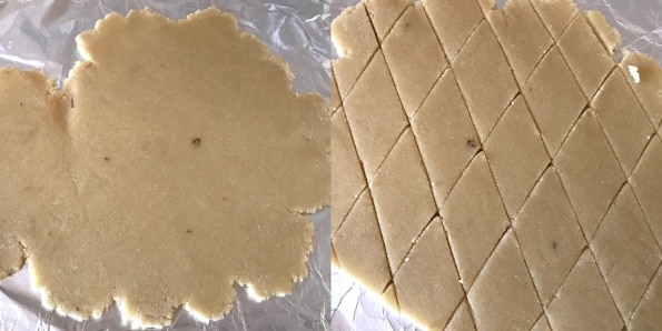 Almond burfi batter placed on aluminum foil