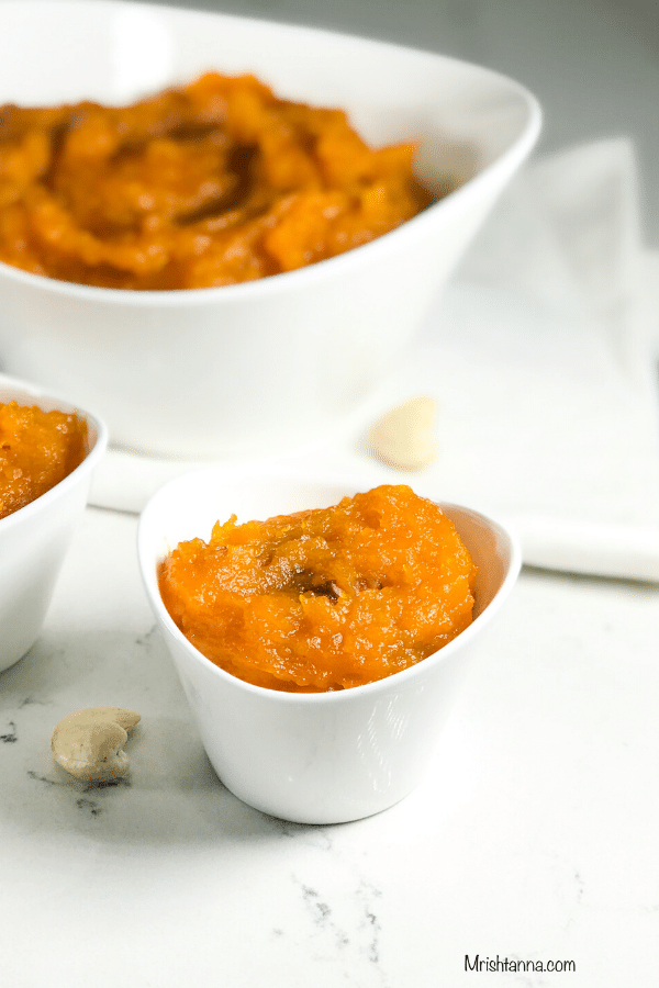 A bowl of squash halwa on the table