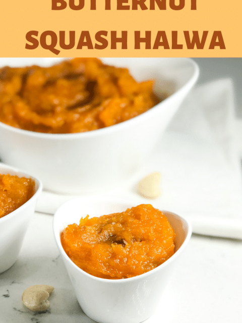 A white bowl filled with butternut squash halwa