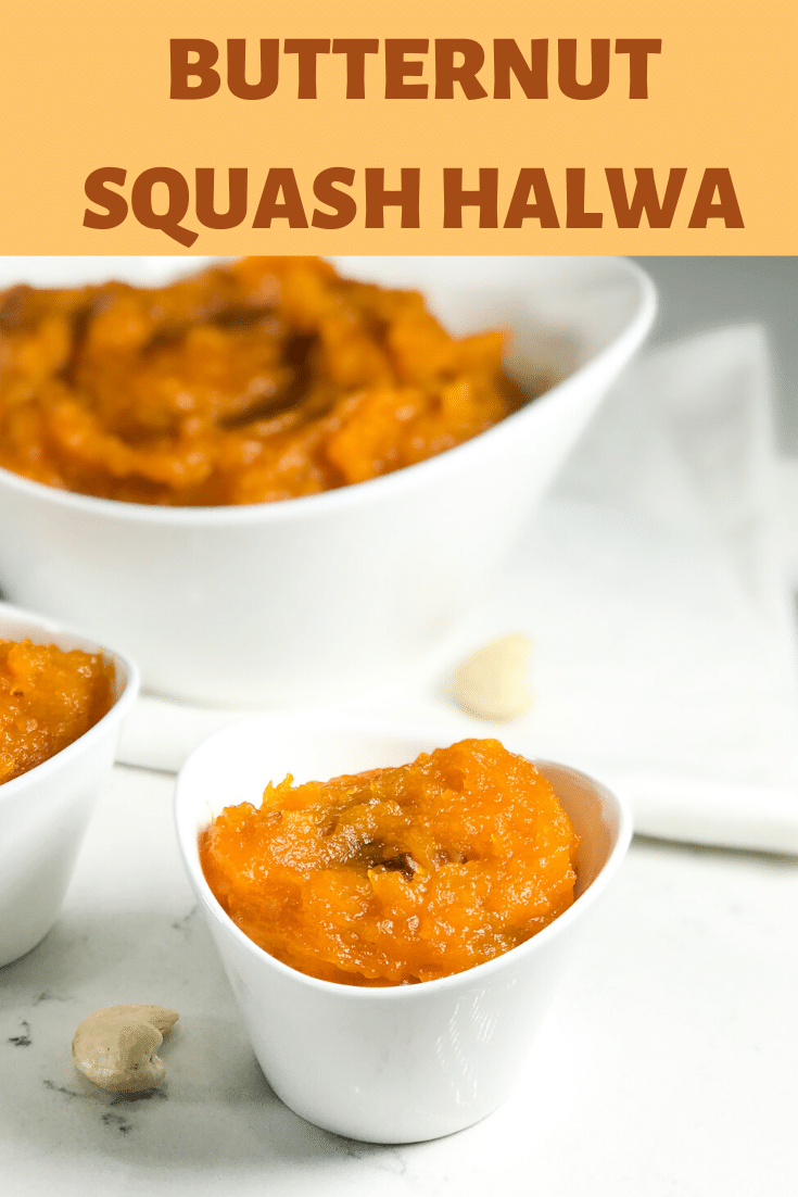 A white bowl filled with butternut squash halwa