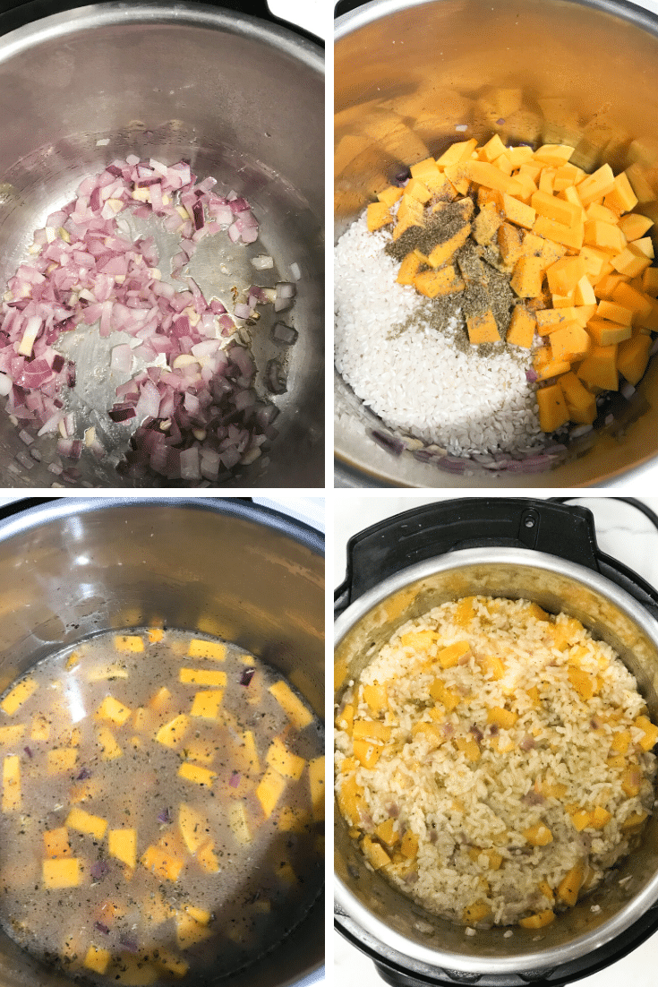 A bowl filled with different types of food, with Risotto and Butternut squash