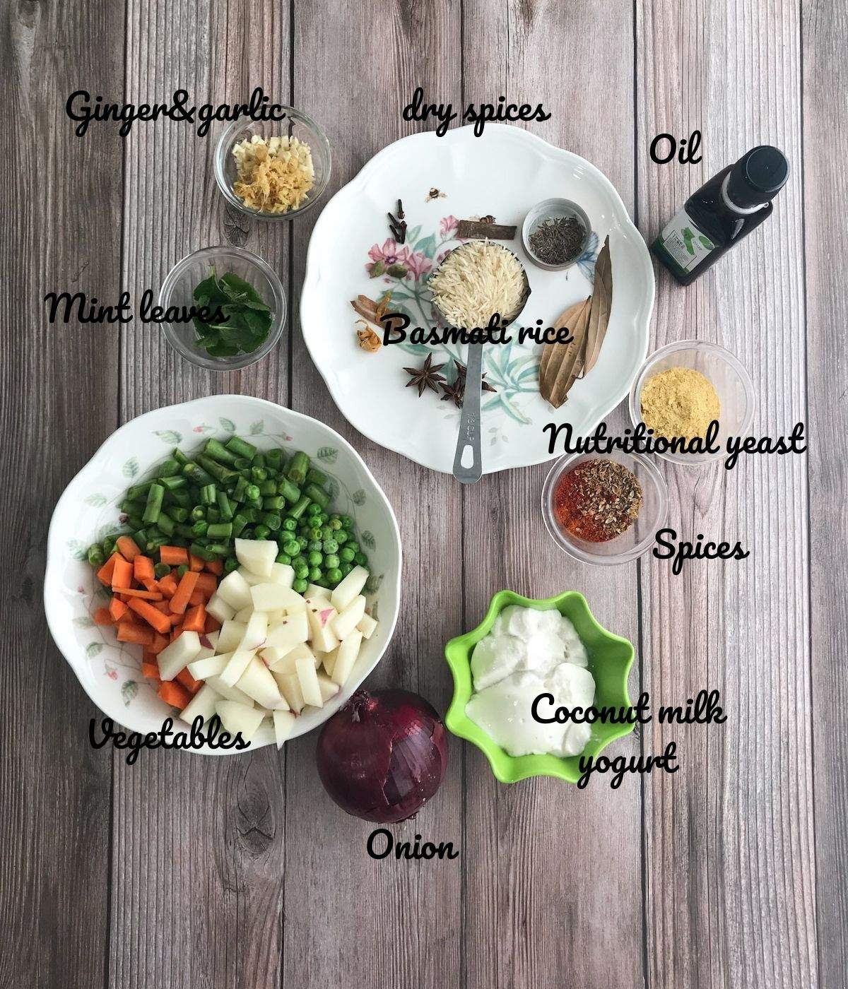 Ingredients of vegetable biryani are placed on the flat surface