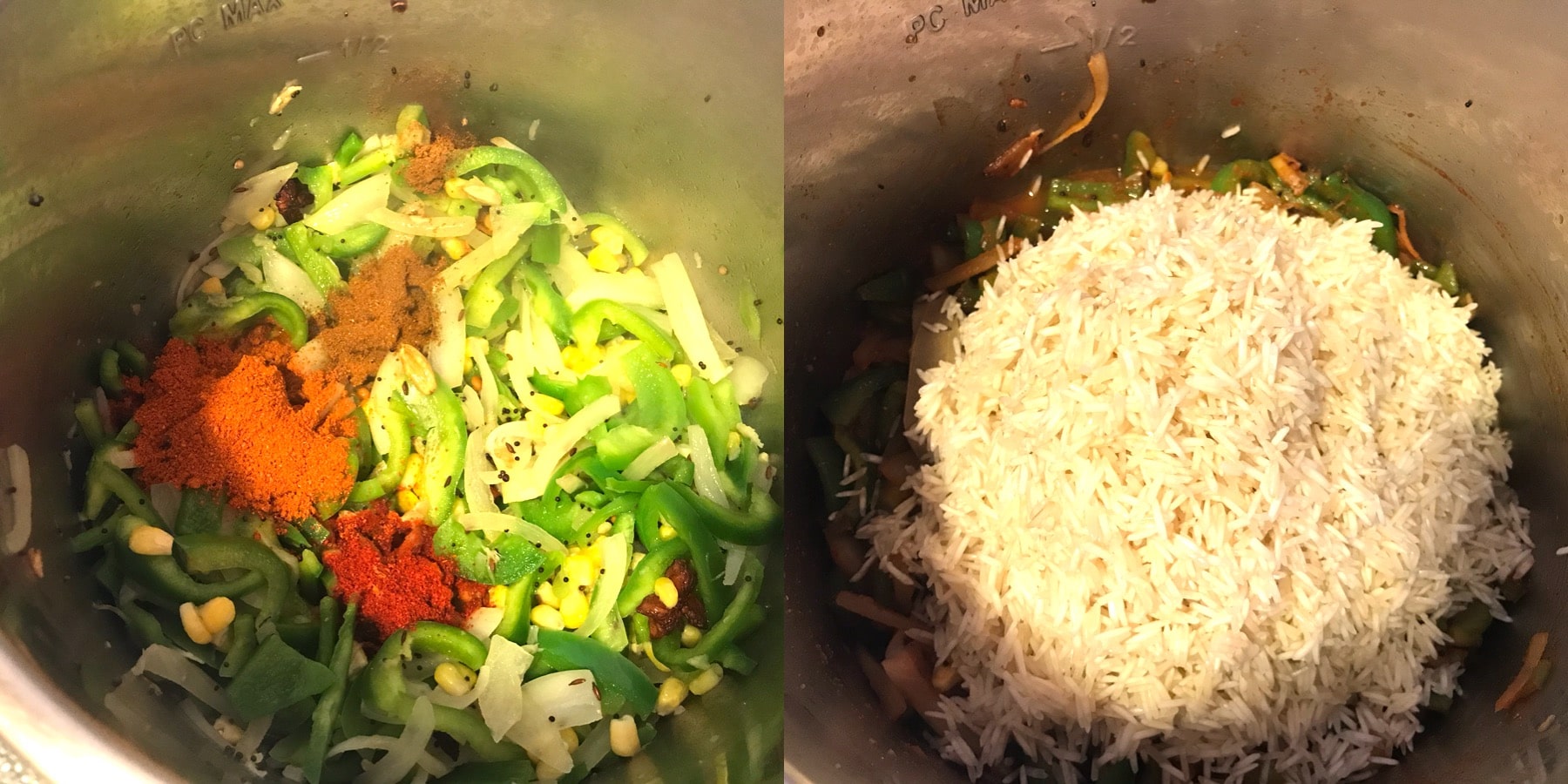 A bowl of food, with Rice and Bell pepper