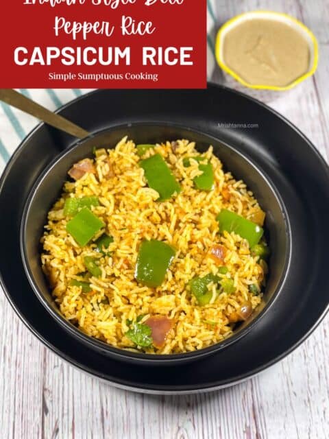A bowl of capsicum rice on the plate with a spoon.