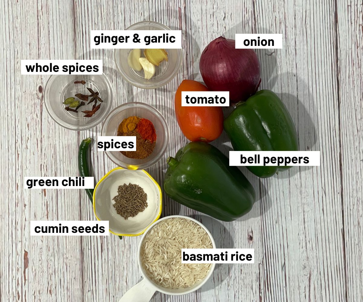 Bell pepper rice ingredients are on the table.