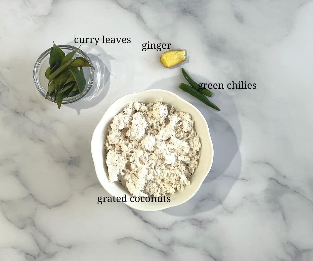Coconut chutney ingredients are on the table.