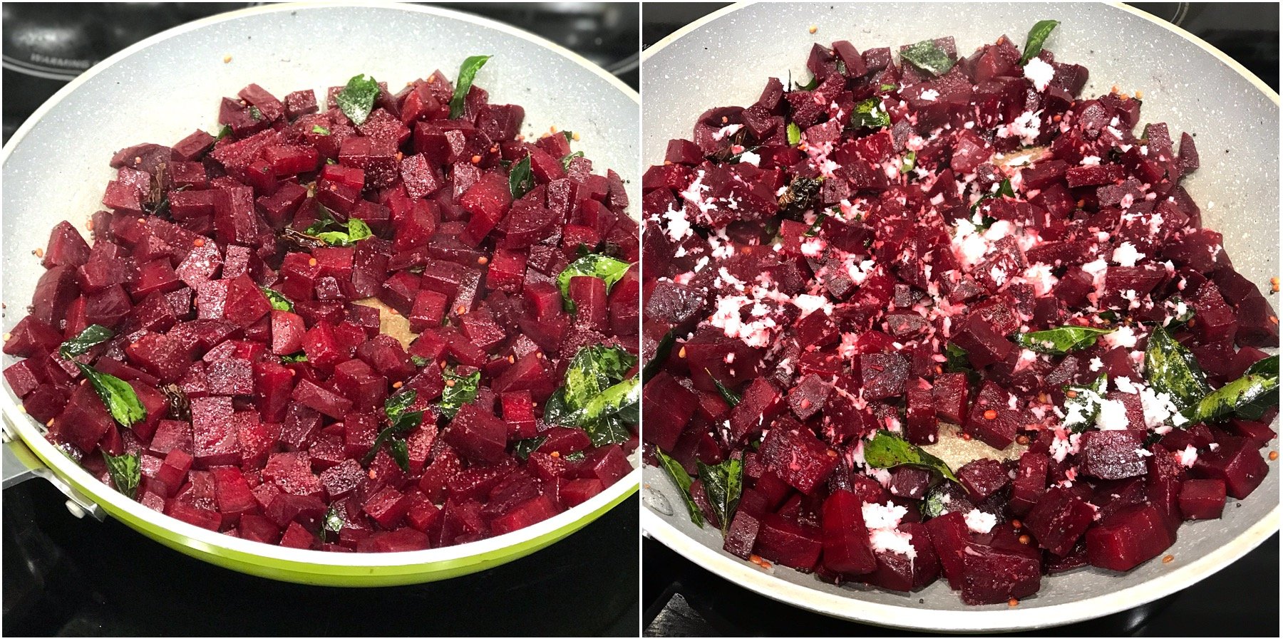 A bowl filled with different types of food on a plate, with Beetroot and Poriyal