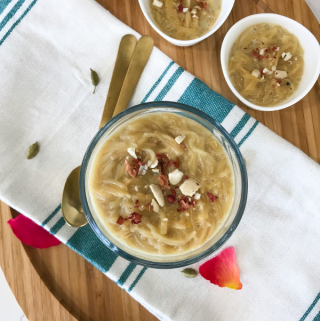 A plate of food on a table, with Kheer and Vermicelli