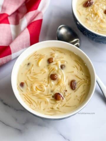 A bowl of vermicelli kheer is on the table.