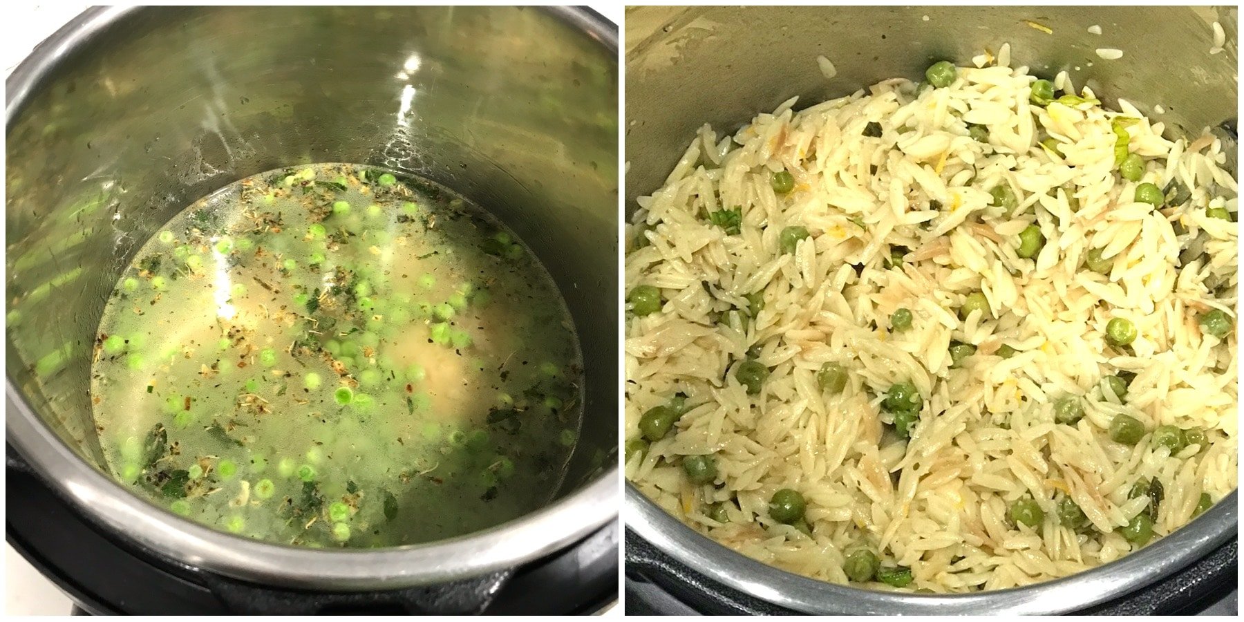 A pot filled with orzo, peas, and water