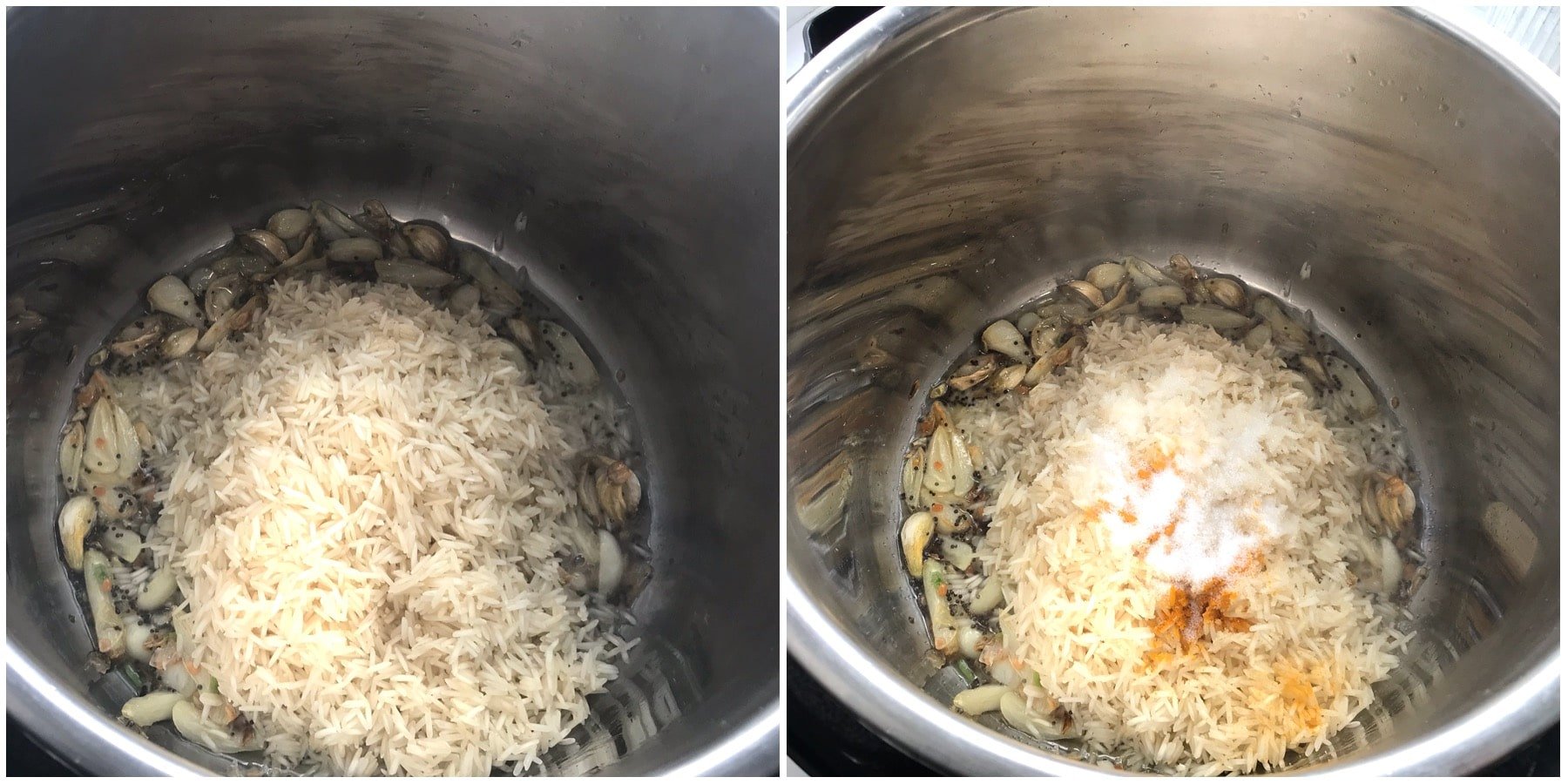 A pot filled with spices, rice, and Garlic