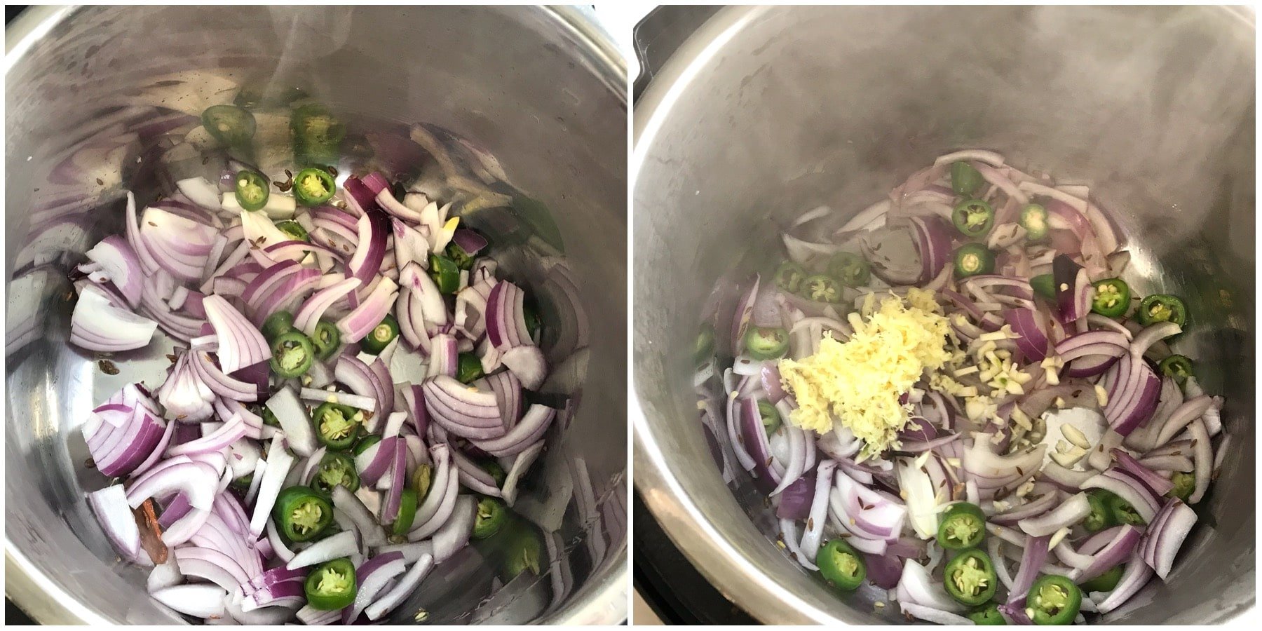 A pressure cooker filled with spices and vegetables