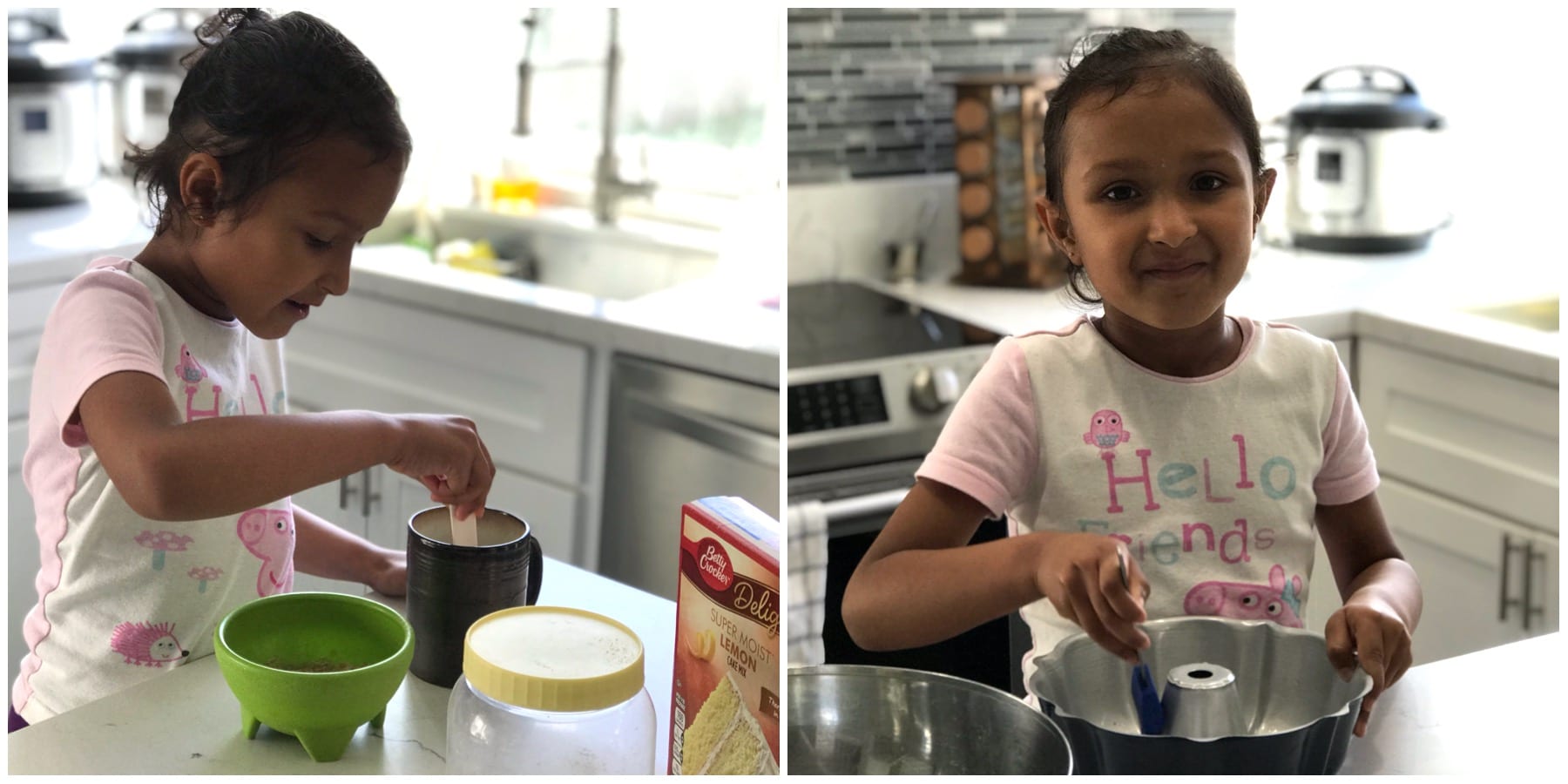 A girl preparing food in a kitchen, with Cake and Lemon