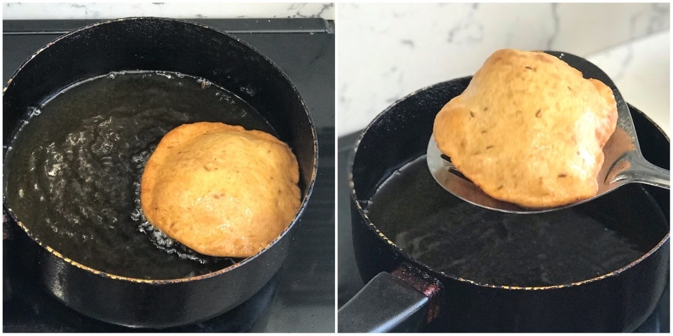 A pot with food in it, with Mangalore buns and Puri