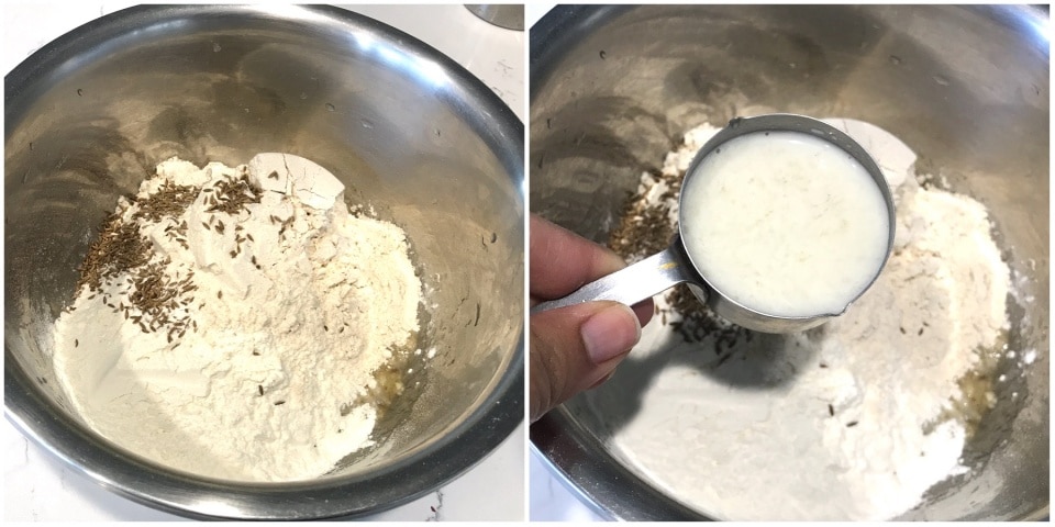 A pot with flour, milk in it, with Mangalore buns