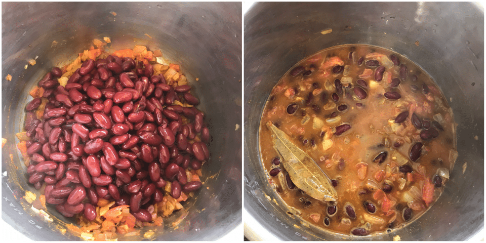 An instant pot filled with spices, onions, tomatoes, and kidney beans