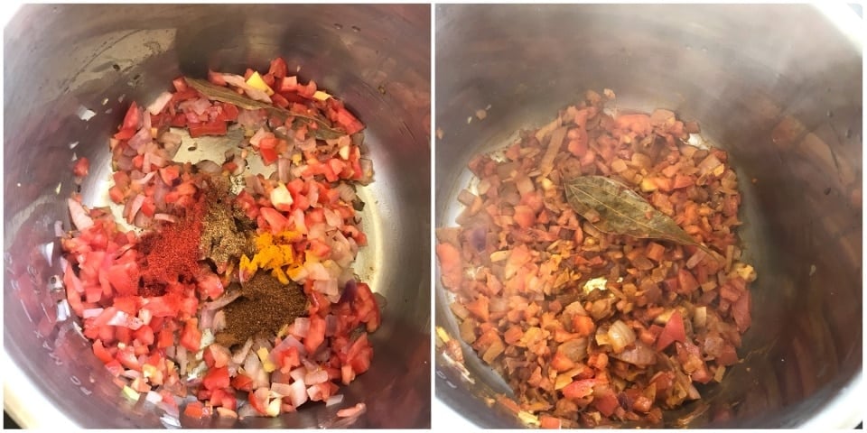 An instant pot filled with spices, onions, tomatoes.