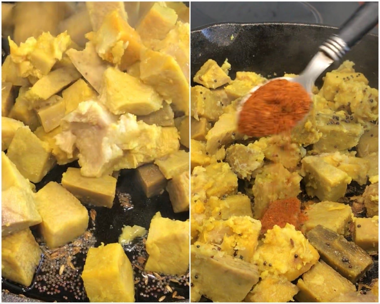 A bunch of different types of food, with Elephant Foot Yam and Poriyal