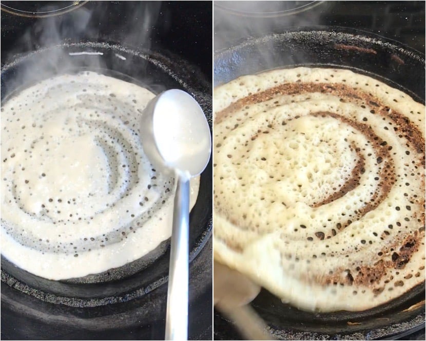 Dosa cooking in cast iron pan