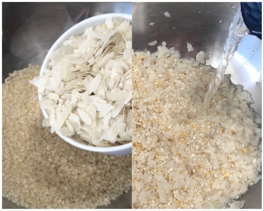 A box filled with different types of food, with rice, aval 