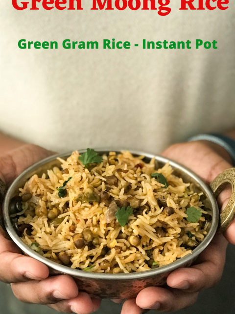 A person holding a bowl of green moong rice
