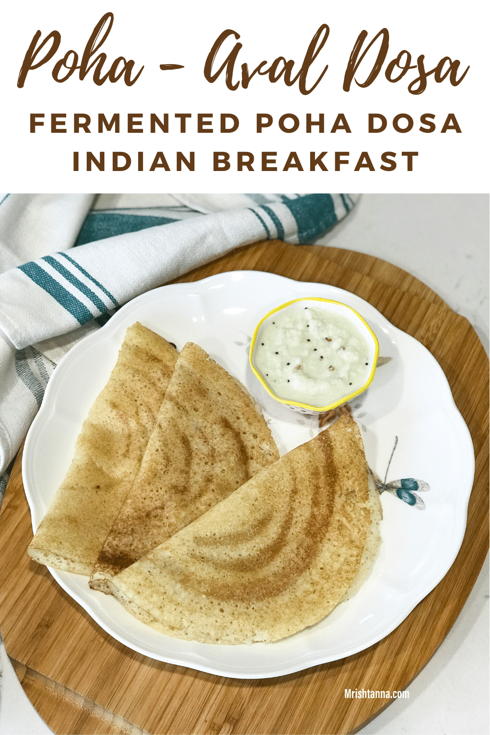 three aval dosas on a plate along with chutney