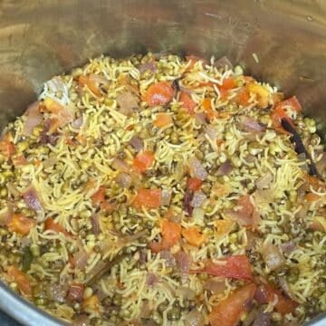 An instant pot is with green moong rice.