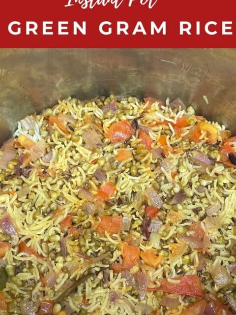 An instant pot is filled with green moong pulao rice.