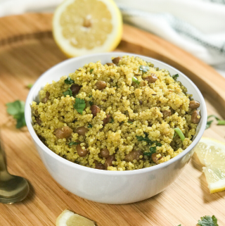 A bowl of food on a table