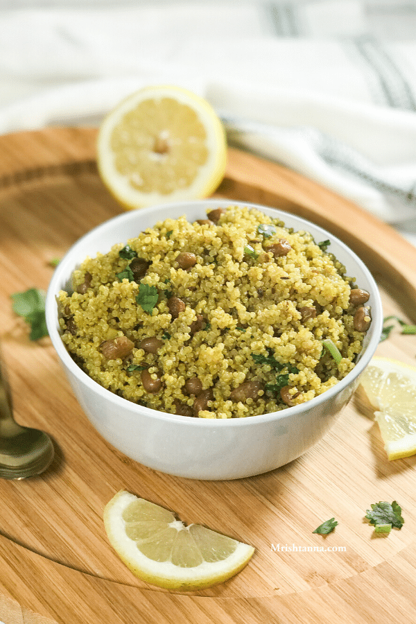 A bowl of food on a table