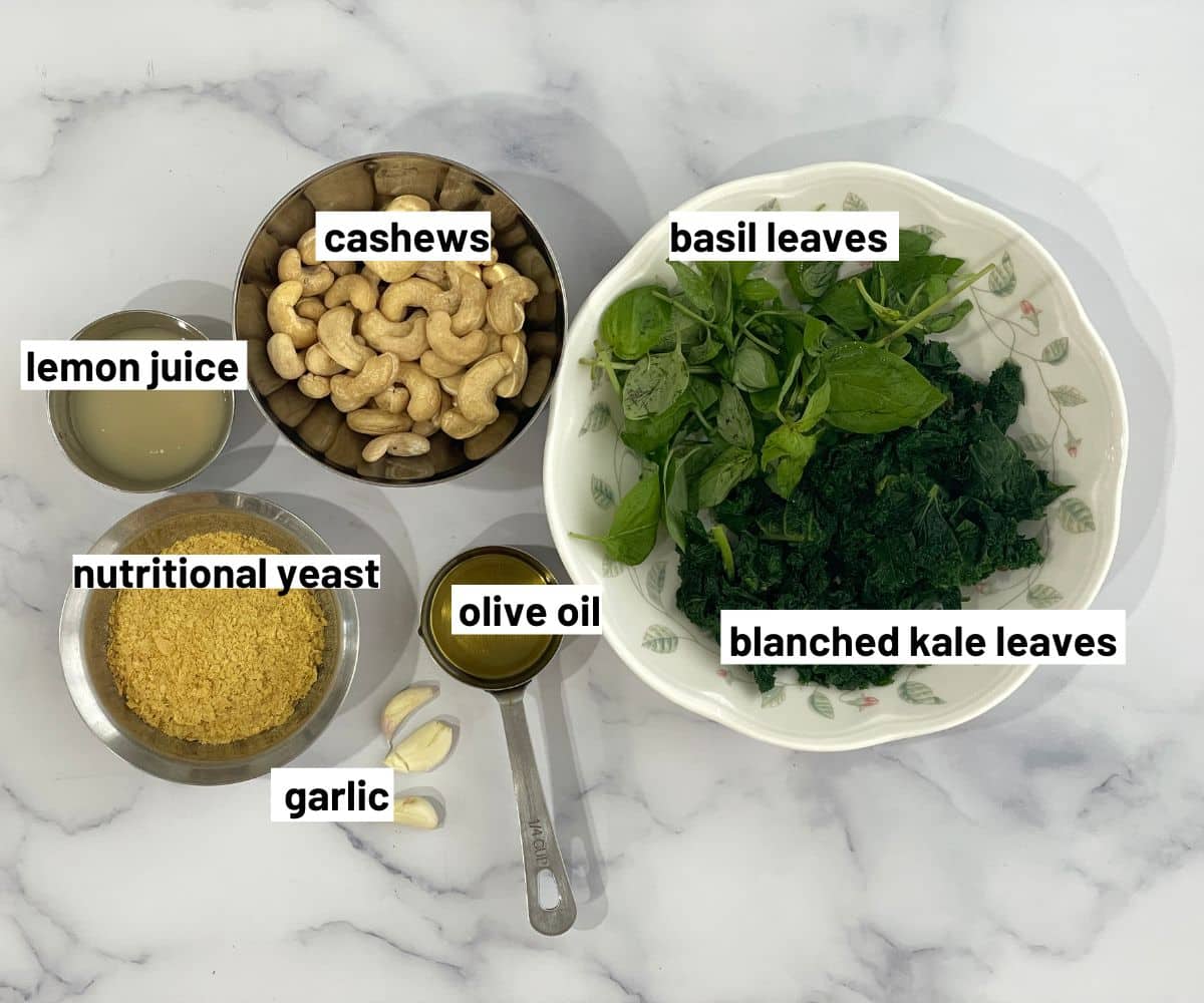 Kale pesto ingredients are on the table.