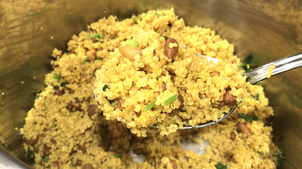 A close up of food, with Quinoa and Lemon