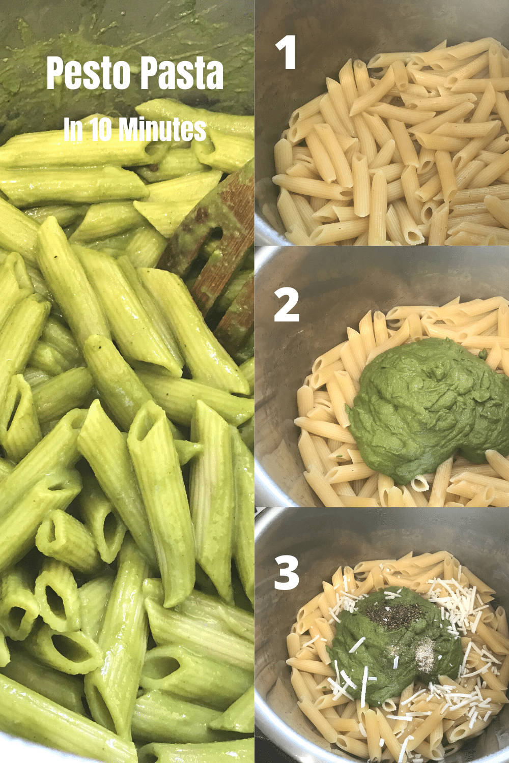 A box filled with different types of food, with Penne pesto pasta.